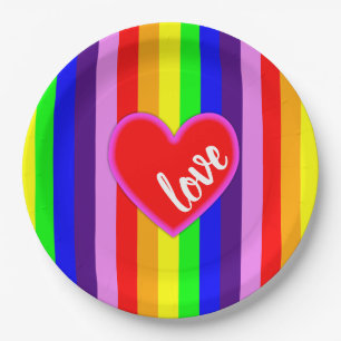 Classic Rainbow Stripes with Heart Colourful Paper Plate