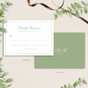Classic Real Sage Green Monogram Script Wedding RSVP Card