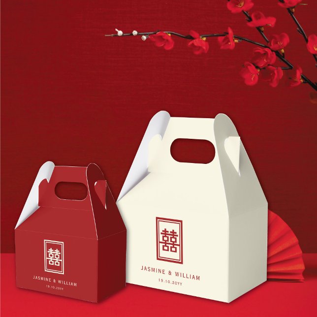Classic Rectangle Double Happiness Chinese Wedding Favour Box (Ivory/Red Classic Rectangle Double Happiness Chinese Wedding Party Favor Boxes @ fatfatin_red_knot)