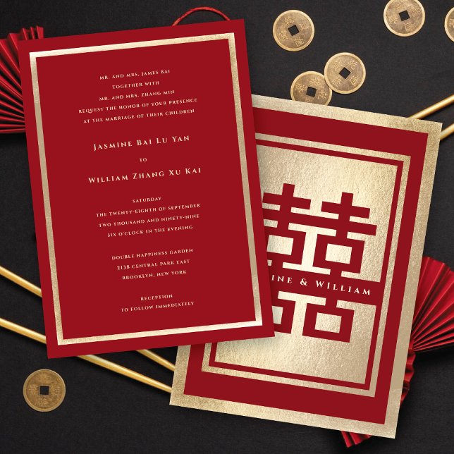 Classic Rectangle Double Happiness Chinese Wedding Invitation (Red/Gold Classic Rectangle Double Happiness 囍 Chinese Wedding Invitation @ fatfatin_red_knot)