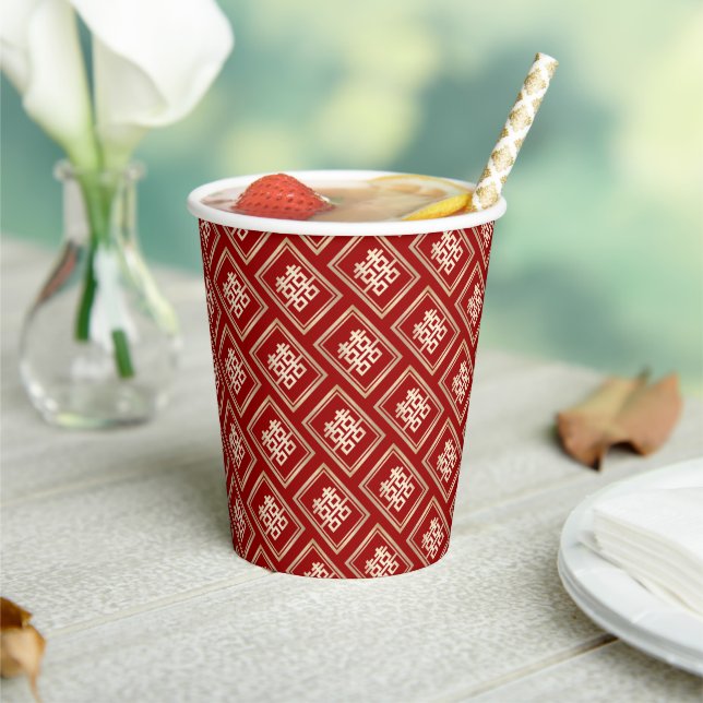 Classic Rectangle Double Happiness Chinese Wedding Paper Cups (Insitu)