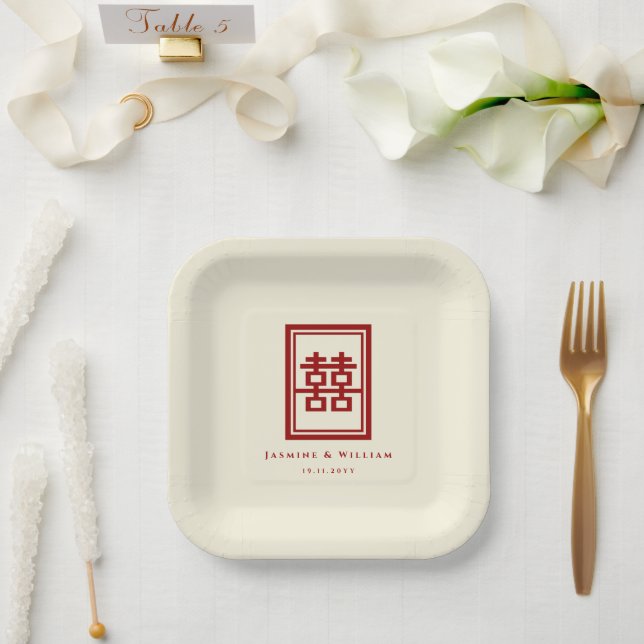 Classic Rectangle Double Happiness Chinese Wedding Paper Plate (Wedding)