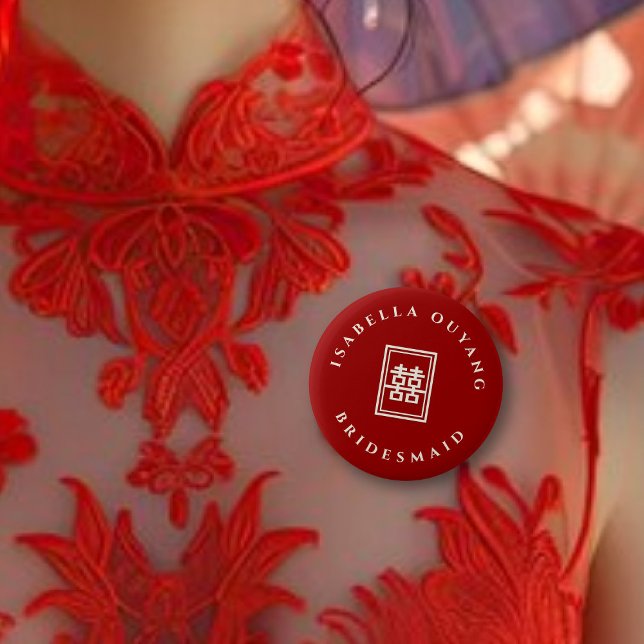Classic Rectangle Double Xi Chinese Wedding Party 6 Cm Round Badge (BRIDESMAID Classic Rectangle Double Happiness Chinese Wedding Party Button @ fatfatin_red_knot)