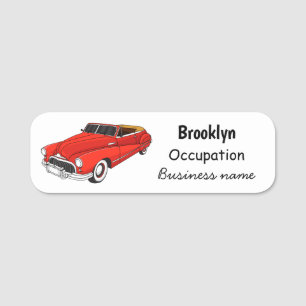 Classic red 1948 automobile name tag