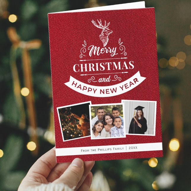 Classic Red 3 Photo Family Reindeer Christmas Holiday Card (Merry Christmas and a Happy New Year greeting card with 3 of your photos and custom message.)
