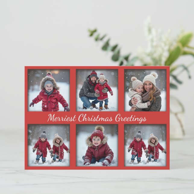 Classic Red 6-Photo Christmas Greetings | Family Holiday Card (Standing Front)