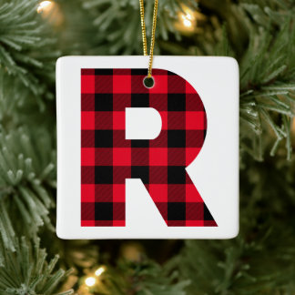 Classic Red and Black Buffalo Check R Monogram Ceramic Ornament