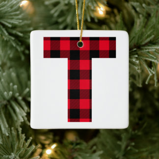 Classic Red and Black Buffalo Check T Monogram Ceramic Ornament