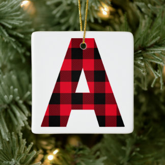 Classic Red and Black Buffalo Plaid Monogram A Ceramic Ornament