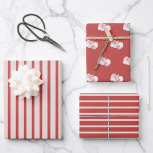 Classic Red and Blush Pink Stripes Floral Wrapping Paper Sheet