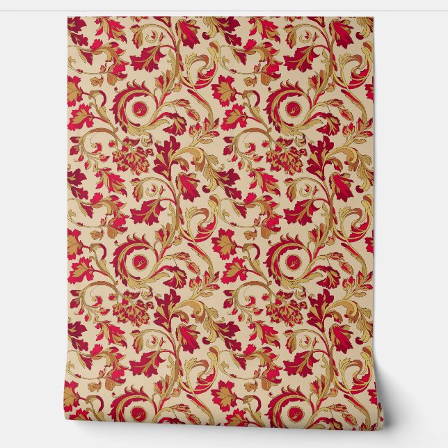 Classic Red and Gold Floral Wallpaper (Unrolling)
