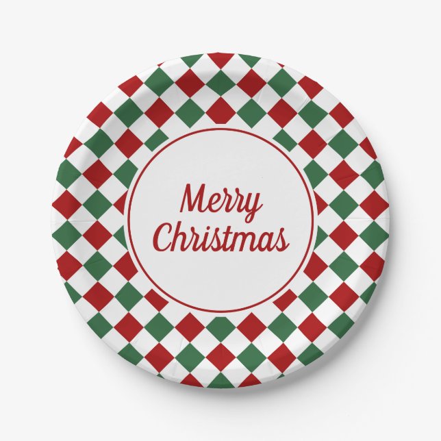 Classic Red And Green Checks Merry Christmas Paper Plate (Front)