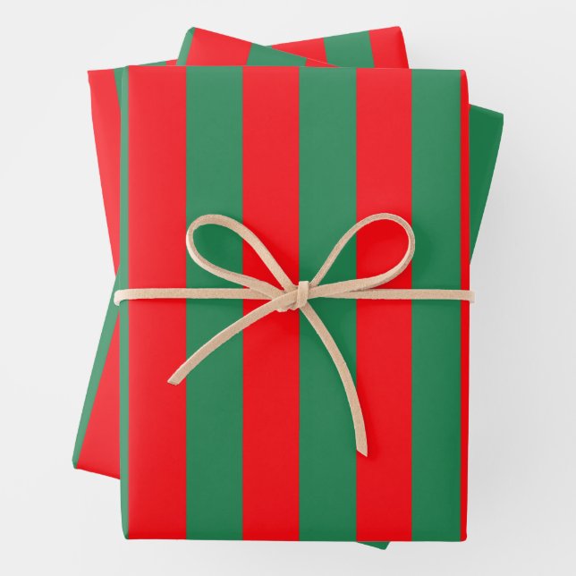 Classic Red and Green Christmas Stripes Wrapping Paper Sheet (In situ)