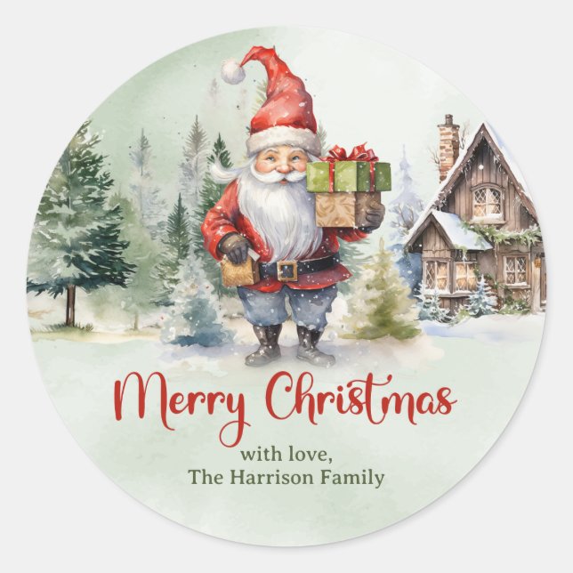 Classic red and green cute gnome with gifts round sticker (Front)