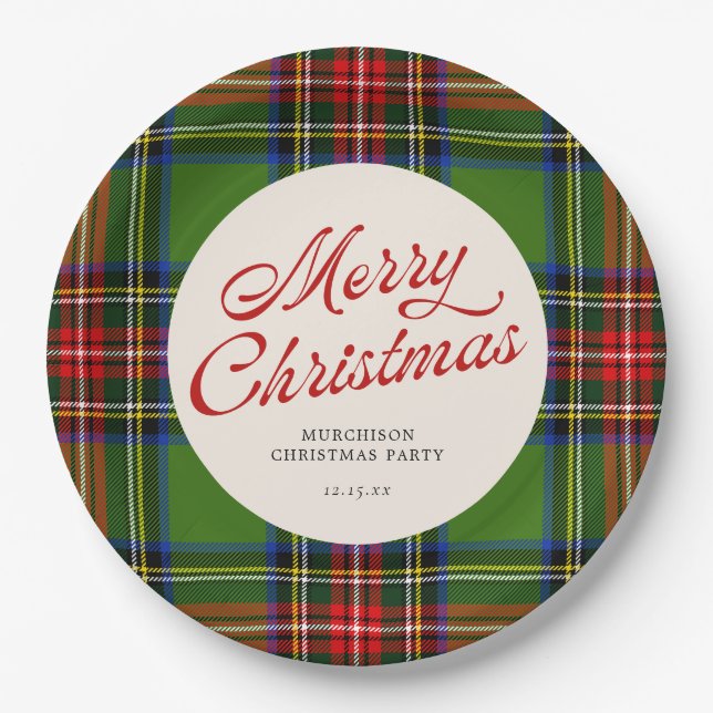 Classic Red and Green Merry Christmas Plaid Paper Plate (Front)