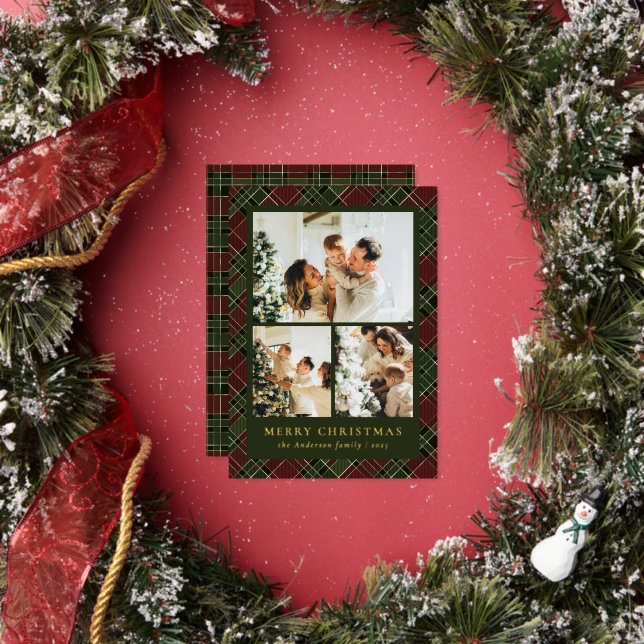 Classic Red and Green & Photo Collage Christmas Foil Holiday Card (Insitu)