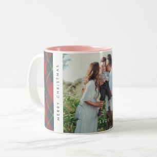 Classic Red and Green Plaid Family Photo Christmas Two-Tone Coffee Mug