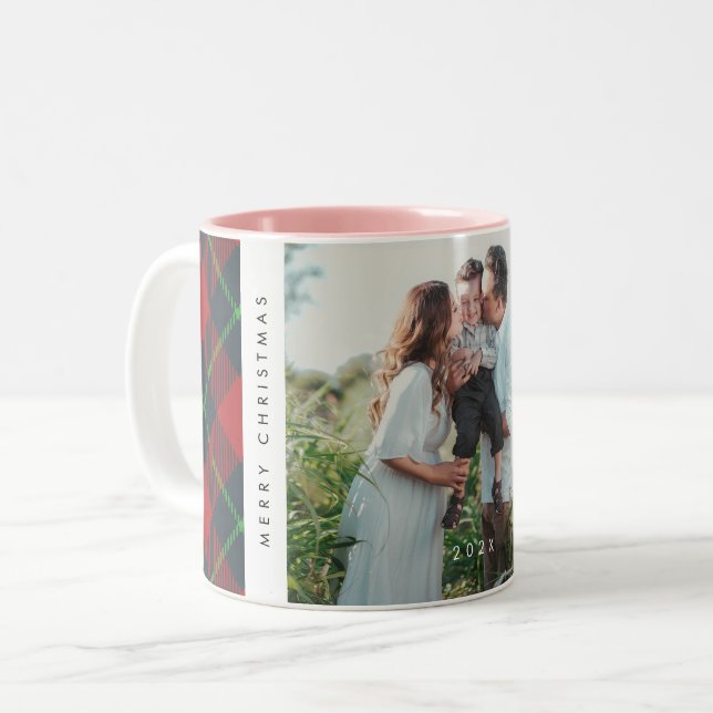 Classic Red and Green Plaid Family Photo Christmas Two-Tone Coffee Mug (Front Left)