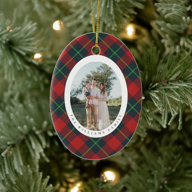 Classic Red and Green Plaid Family Photo Holiday Ceramic Tree Decoration (Tree)