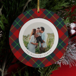 Classic Red and Green Plaid Family Photo Holiday Ceramic Tree Decoration