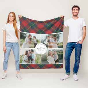 Classic Red and Green Plaid Family Photo Holiday Fleece Blanket