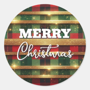 Classic Red and Green Plaid Sparkling Gold Stripes Round Sticker