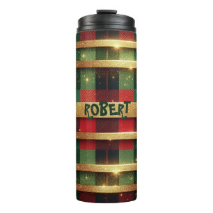 Classic Red and Green Plaid Sparkling Gold Stripes Thermal Tumbler