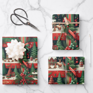 Classic Red and Green Stripes Christmas Wrapping Paper Sheet