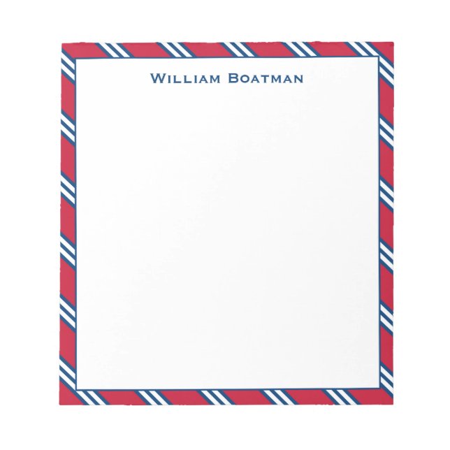 Classic Red and Navy Diagonal Tie Stripe Pattern Notepad (Front)