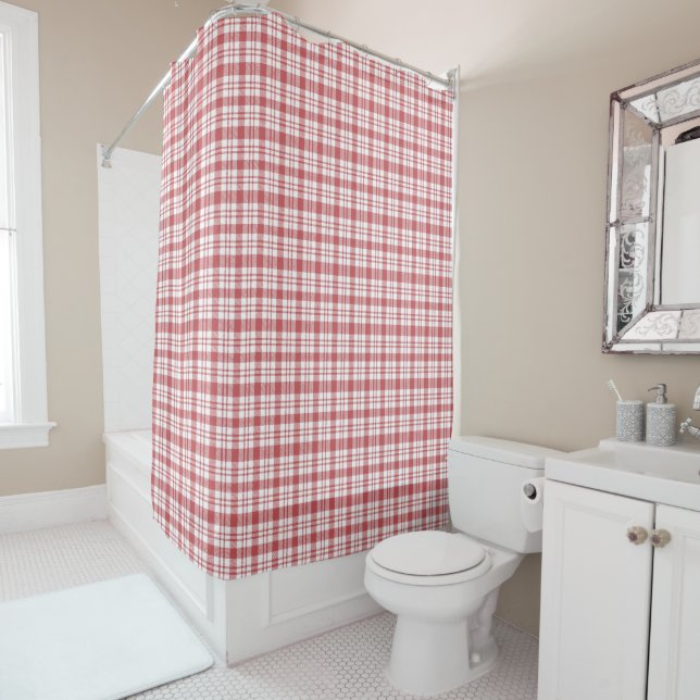 Classic Red and White Chequered Pattern Shower Curtain (In Situ)