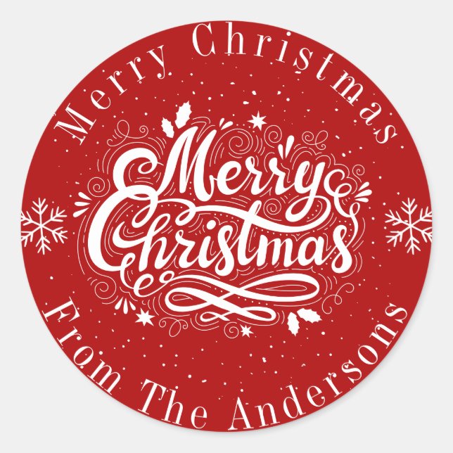 Classic Red and White Custom Merry Christmas Round Sticker (Front)