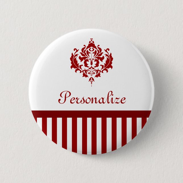 Classic Red and White Damask Stripes and Name 6 Cm Round Badge (Front)