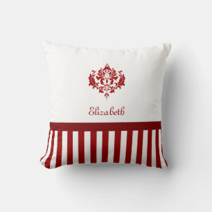 Classic Red and White Damask With Stripes and Name Cushion