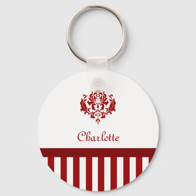 Classic Red and White Damask With Stripes And Name Key Ring (Front)