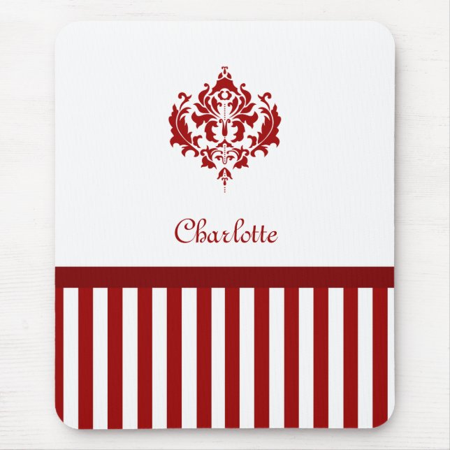 Classic Red and White Damask With Stripes And Name Mouse Mat (Front)