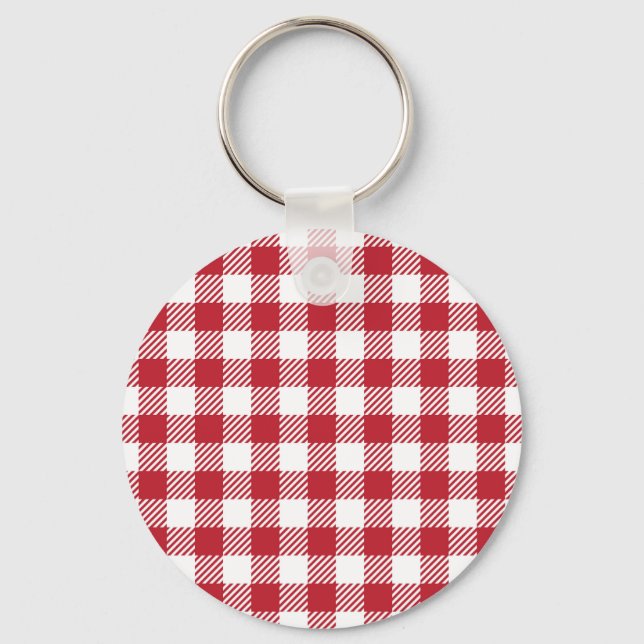 Classic Red and White Gingham Checkered Pattern Key Ring (Front)