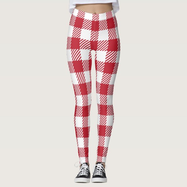 Classic Red and White Gingham Checkered Pattern Leggings (Front)