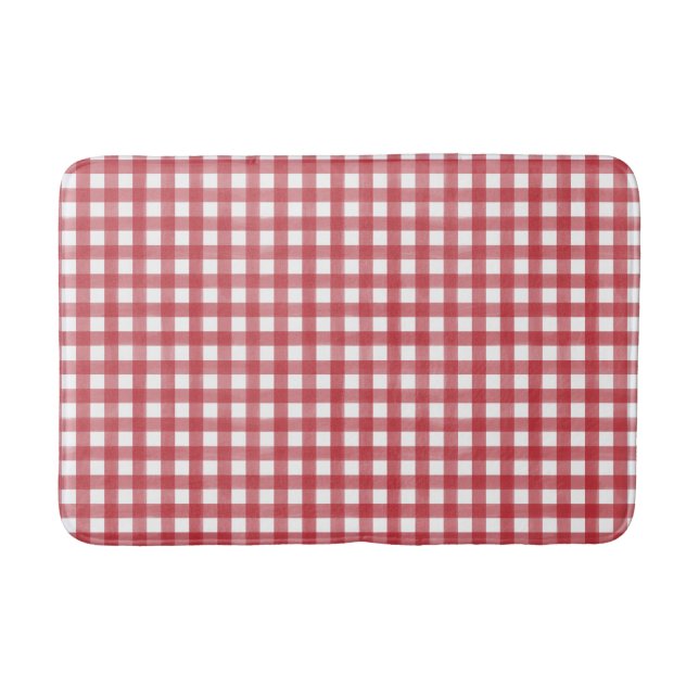 Classic Red and White Gingham Plaid Patterned Bath Mat (Front)