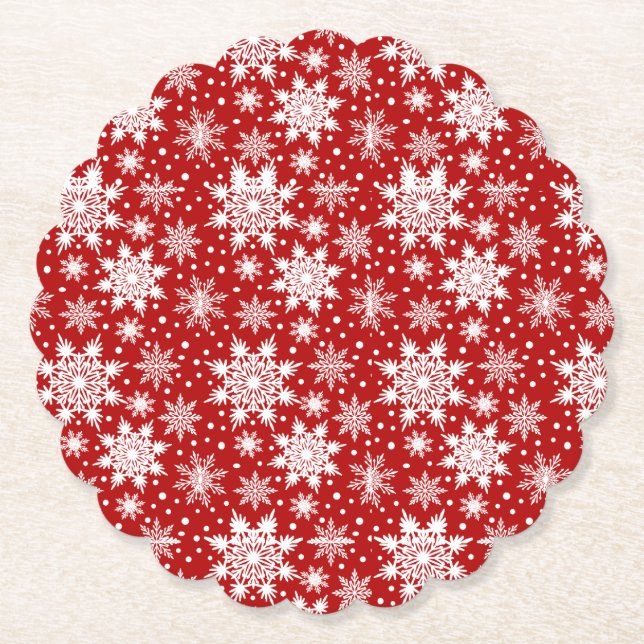 Classic Red and White Snowflake Seamless Pattern Paper Coaster (Front)