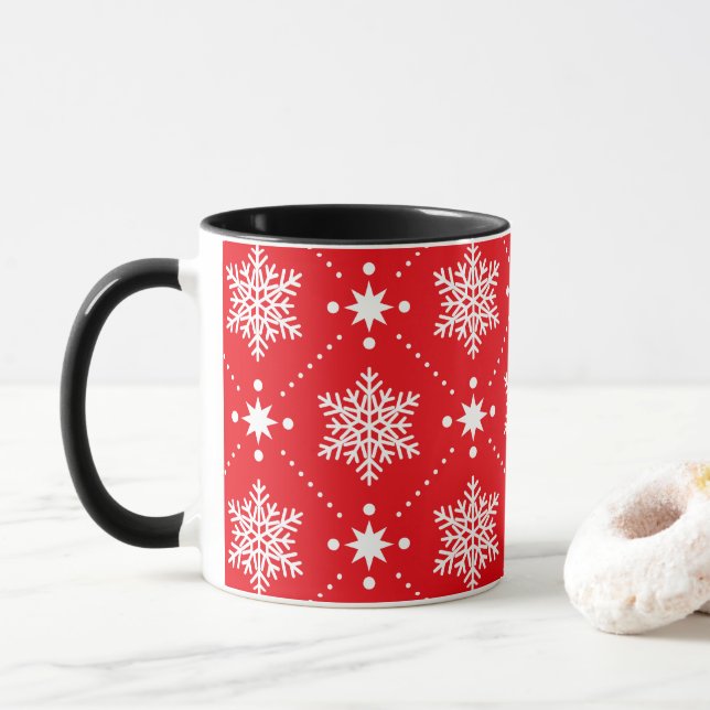 Classic Red and White Snowflakes Christmas Pattern Mug (With Donut)