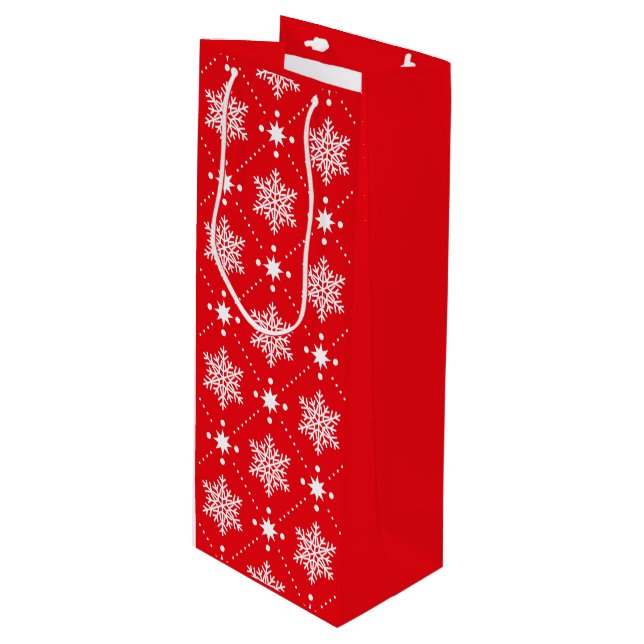 Classic Red and White Snowflakes Christmas Pattern Wine Gift Bag (Front Angled)