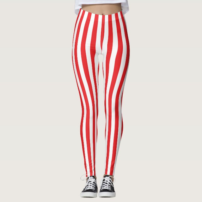 Classic Red and White Vertical Stripes Pattern Leggings (Front)