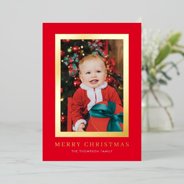 Classic Red Background Photo Gold Foil Holiday Card (Standing Front)