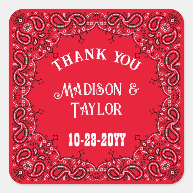 Classic Red Bandanna Western Wedding Thank You Square Sticker (Front)