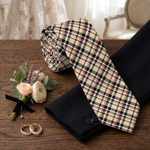 Classic Red Beige Black White Tartan Plaid Pattern Tie