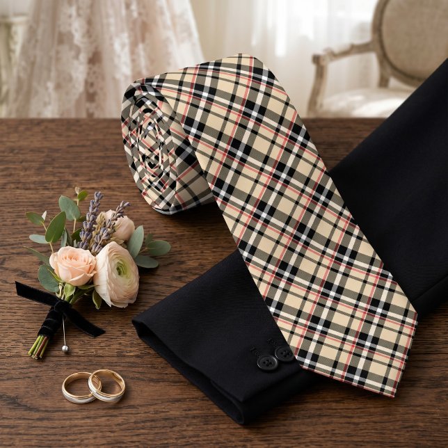 Classic Red Beige Black White Tartan Plaid Pattern Tie (Creator Uploaded)