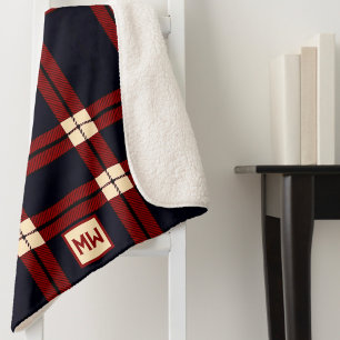Classic red, black and cream plaid monogram sherpa blanket