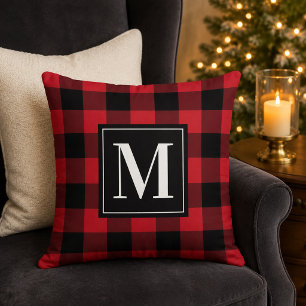 Classic Red Black Buffalo Plaid Monogram Christmas Cushion