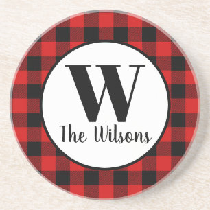 Classic Red Black Buffalo Plaid Monogram Coaster