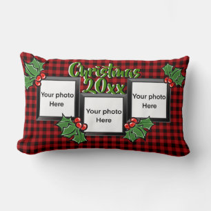 Classic red black buffalo plaid personalise photo  lumbar cushion
